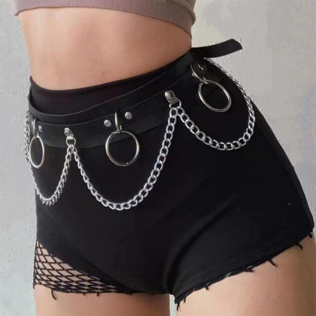Metal Halkalı Zincir Detaylı Gotik Harness Kemer