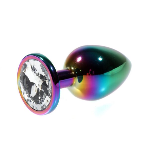 Metal Şeffaf Taşlı Rainbow Anal Plug Orta Boy