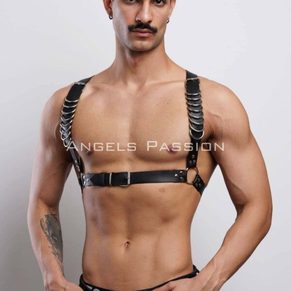 D Halka Detaylı Şık Erkek Göğüs Harness, Erkek Deri T-Shirt Aksesuar - APFTM92