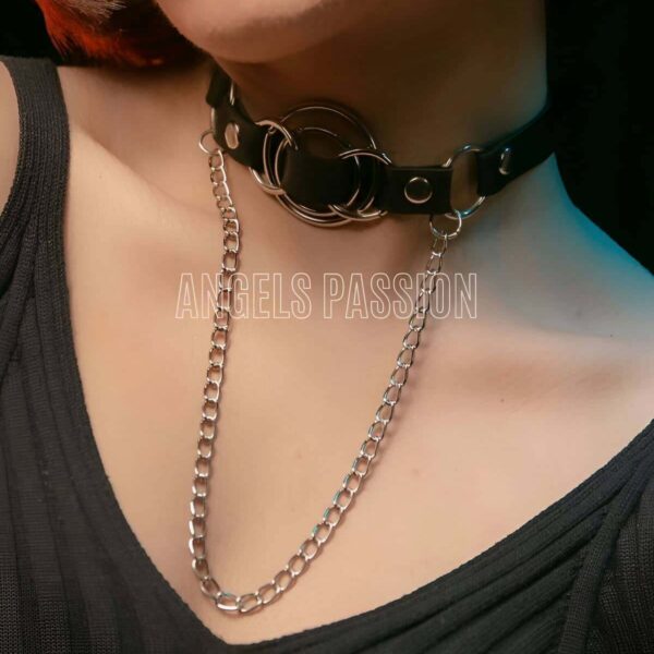 Deri Choker, Deri Tasma, Zincirli Deri Kolye, Halkalı Deri Kolye - APFT588