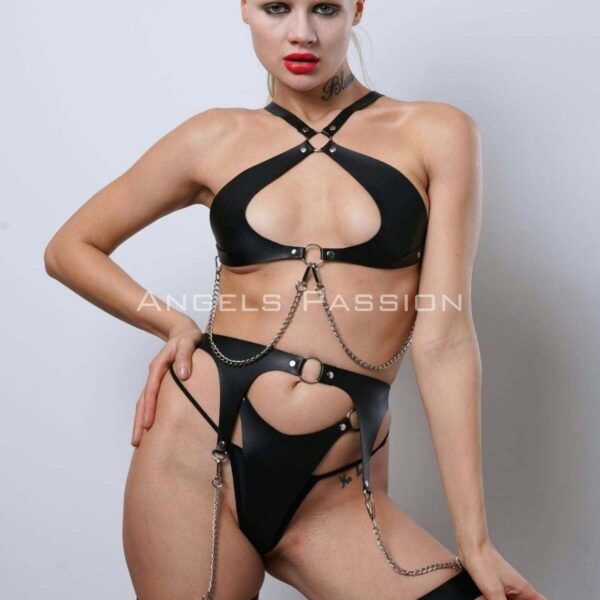 Deri Fantezi İç Giyim Takım, Şık Deri Harness Set, Club Wear - APFT1330