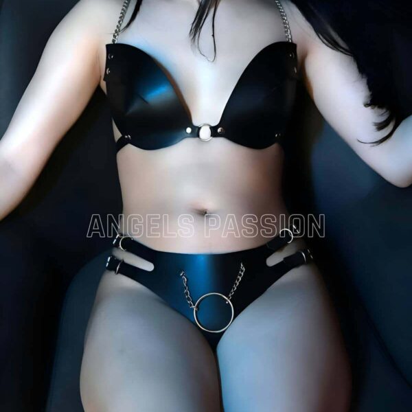 Deri Seksi Sütyen Takım, Deri Fantezi İç Giyim, Zincir Detaylı Sütyen Harness Takım - APFT1223