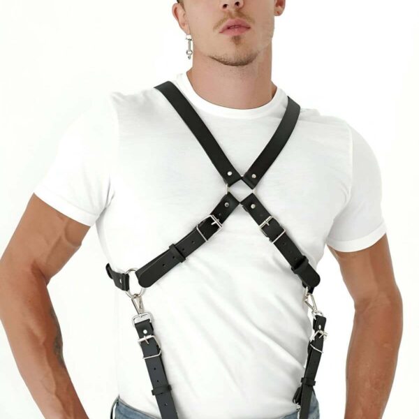 Göğüs Detaylı Arkadan Bağlamalı Erkek Deri Harness - APFTM84