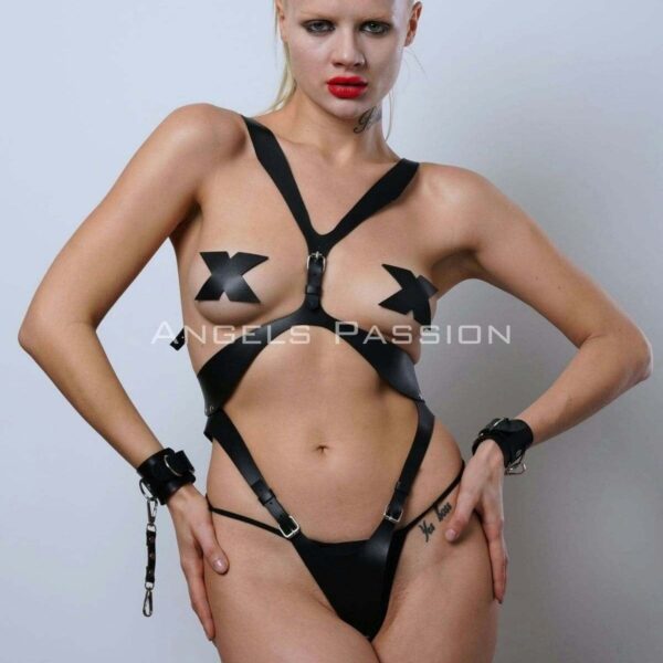 Kelepçeli Full Body Harness Set, Deri Fantezi İç Giyim, Bayan İç Giyim - APFT1102