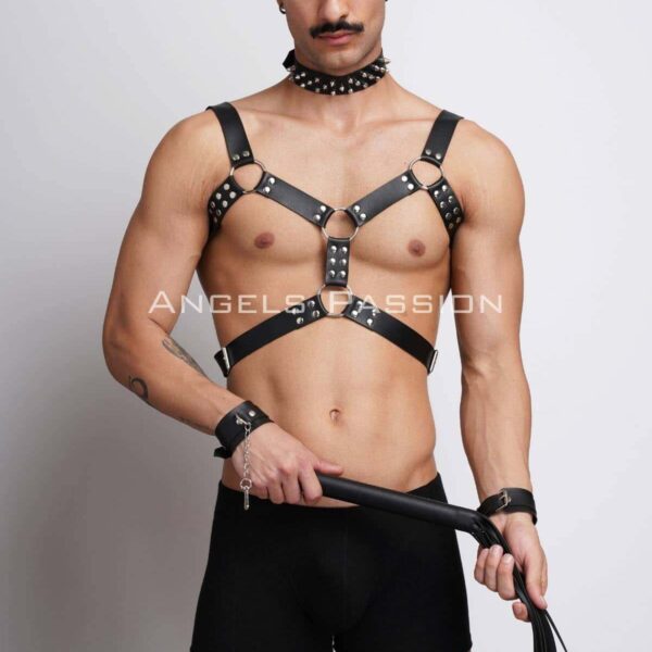 Kırbaç ve Çivili Choker Detaylı Erkek Fantazi Giyim, Deri Erkek Harness Takım - APFTM102