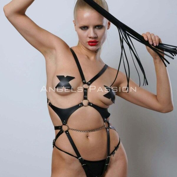 Kırbaçlı ve Ağ Bölgesi Açık Deri Body Harness, Deri Fantezi Giyim, Clubwear - APFT1355