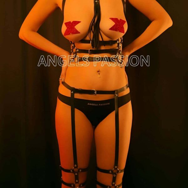 Püskül Choker Detaylı Siyah Deri Jartiyer Harness Takım - APFT302
