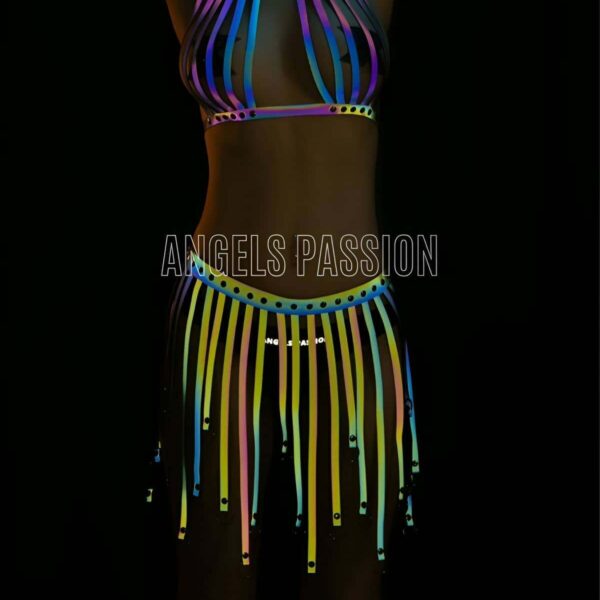 Püsküllü Renkli Reflektörlü Fantezi Elbise - Sexy Harness İç Giyim - APFT584