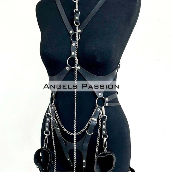 Tasma ve Zincir Detaylı Şık Deri Harness, Deri Fantezi Giyim- APFT1225