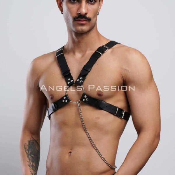 Zincir Detaylı Deri Erkek Göğüs Harness, Partywear, Clubwear - APFTM95