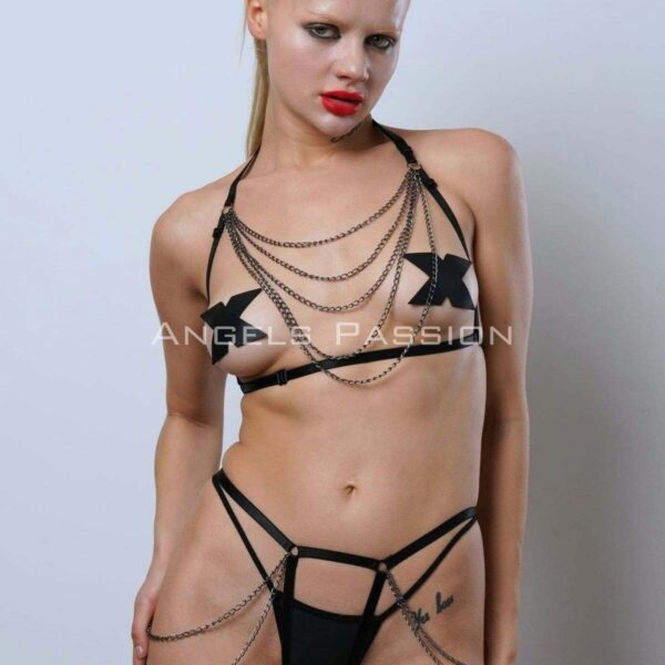 Zincir Detaylı Şık Lastik Harness Takım, Erotik Fantezi Giyim - APFT1065