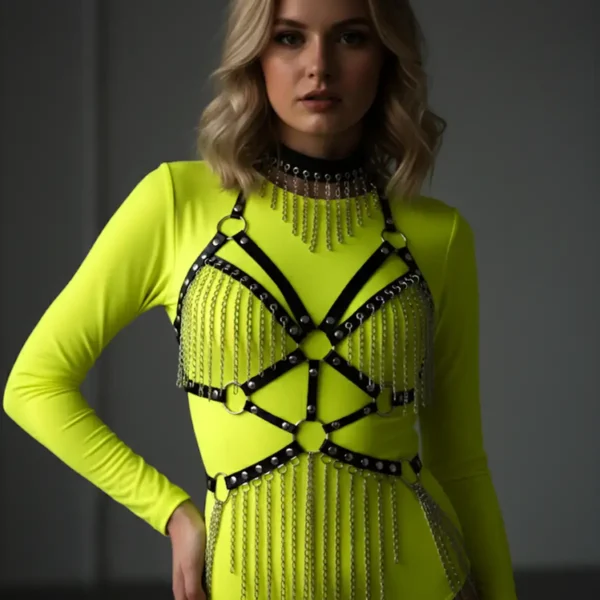 Zincirli Deri Harness, Deri Dansçı Kostüm, Choker Detaylı Deri Harness - APFT1397