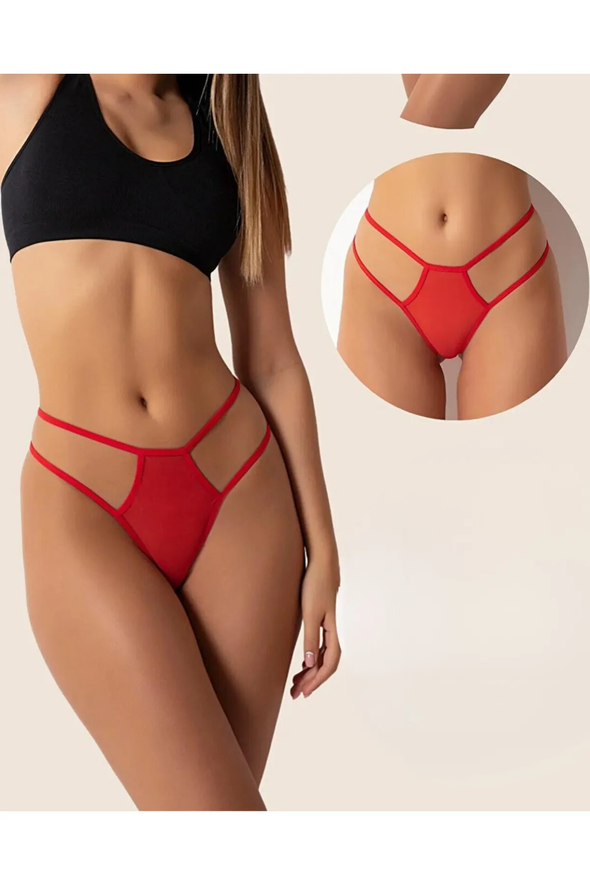 Tegan Büyük Beden Fantazi Kırmızı Seksi TÜL Kadın STRİNG - Fantezi Tanga TG270037-B