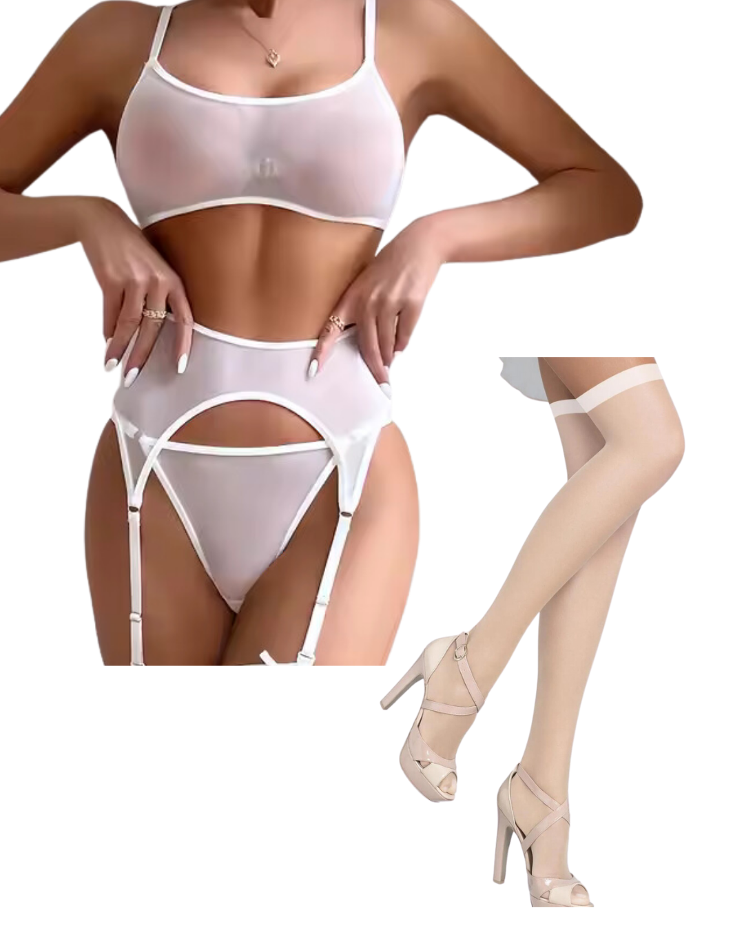 Tegan Fantezi Beyaz Transparan Tül Jartiyer Takımı TG273262