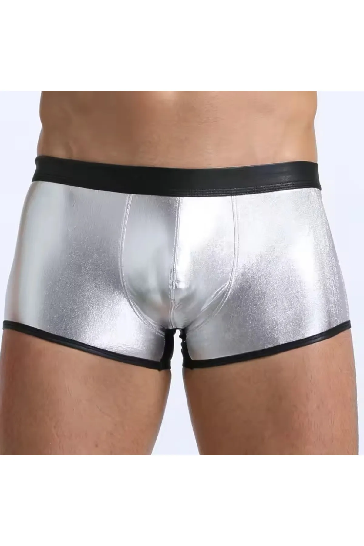 Tegan Fantezi Deri Görünümlü Gümüş Erkek Boxer  Tanga TG274607