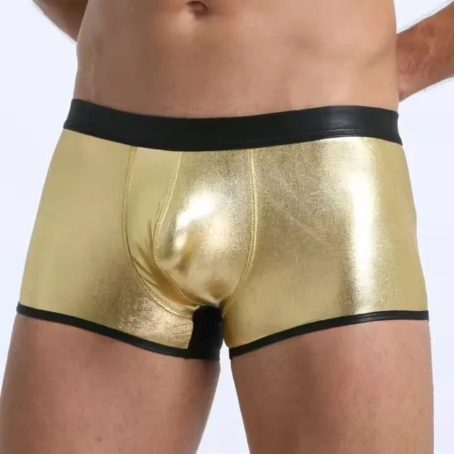 Tegan Fantezi Deri Görünümlü Seksi  Altın Erkek Boxer  - Fantezi Tanga TG274604