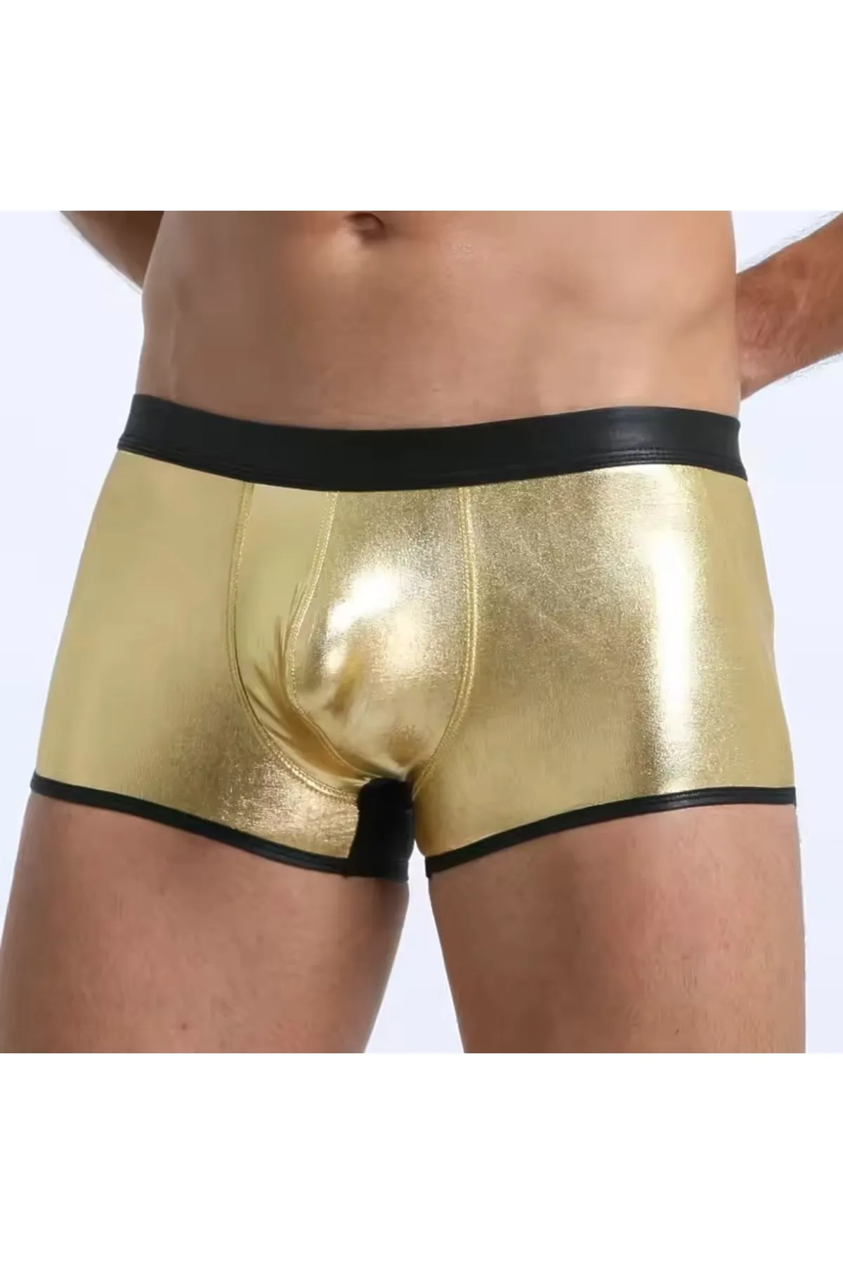 Tegan Fantezi Deri Görünümlü Seksi  Altın Erkek Boxer  - Fantezi Tanga TG274604