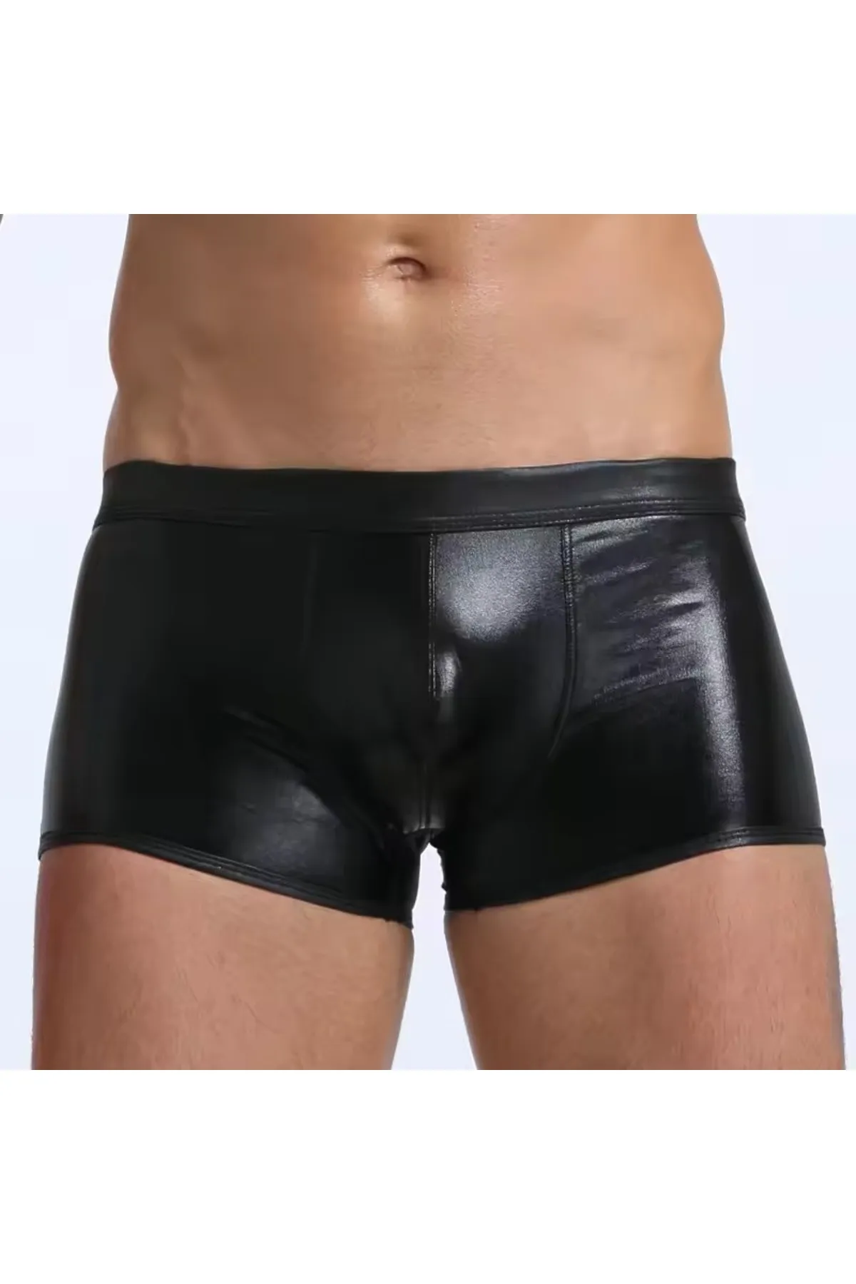 Tegan Fantezi Deri Görünümlü Seksi  Siyah Erkek Boxer  - Fantezi Tanga TG274605