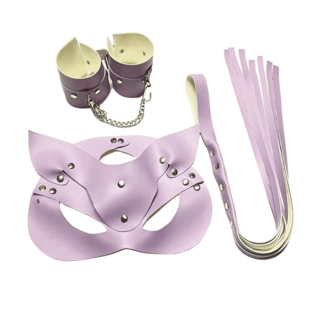 Tegan Fantezi Deri Seksi Lila Kedi Maske Kelepçe Kırbaç Seti ( 3’lü set) TG275370