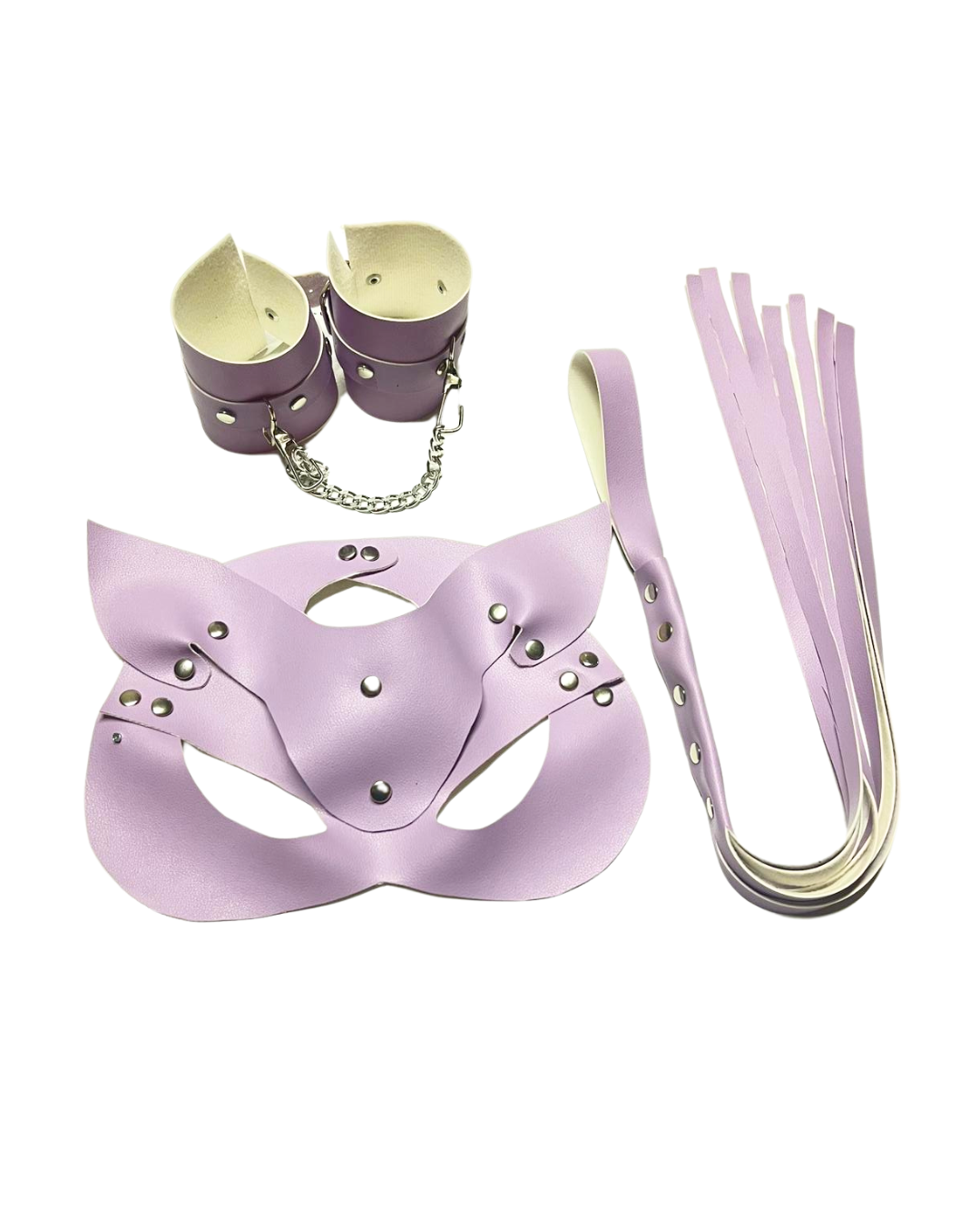 Tegan Fantezi Deri Seksi Lila Kedi Maske Kelepçe Kırbaç Seti ( 3’lü set) TG275370