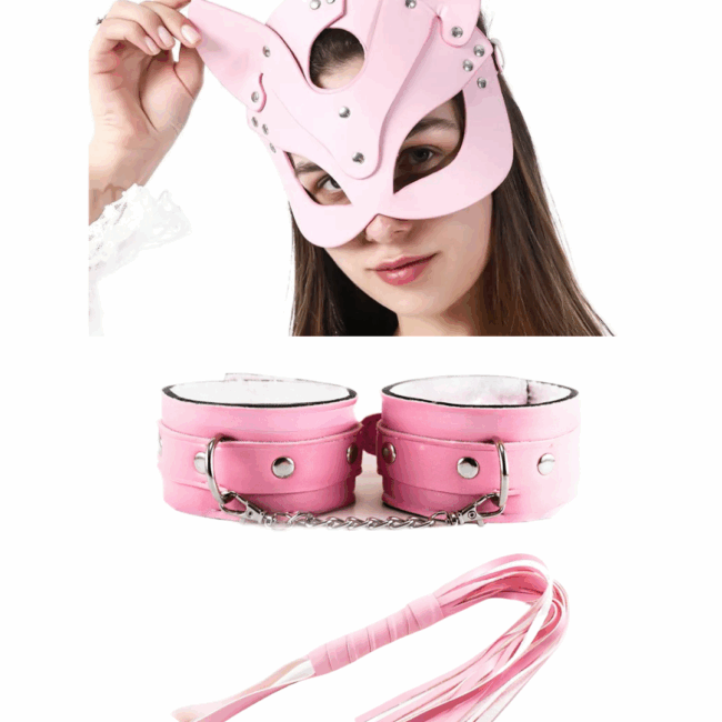 Tegan Fantezi Deri Seksi Pembe Kedi Maske Kelepçe Kırbaç Seti ( 3'lü set) TG275368