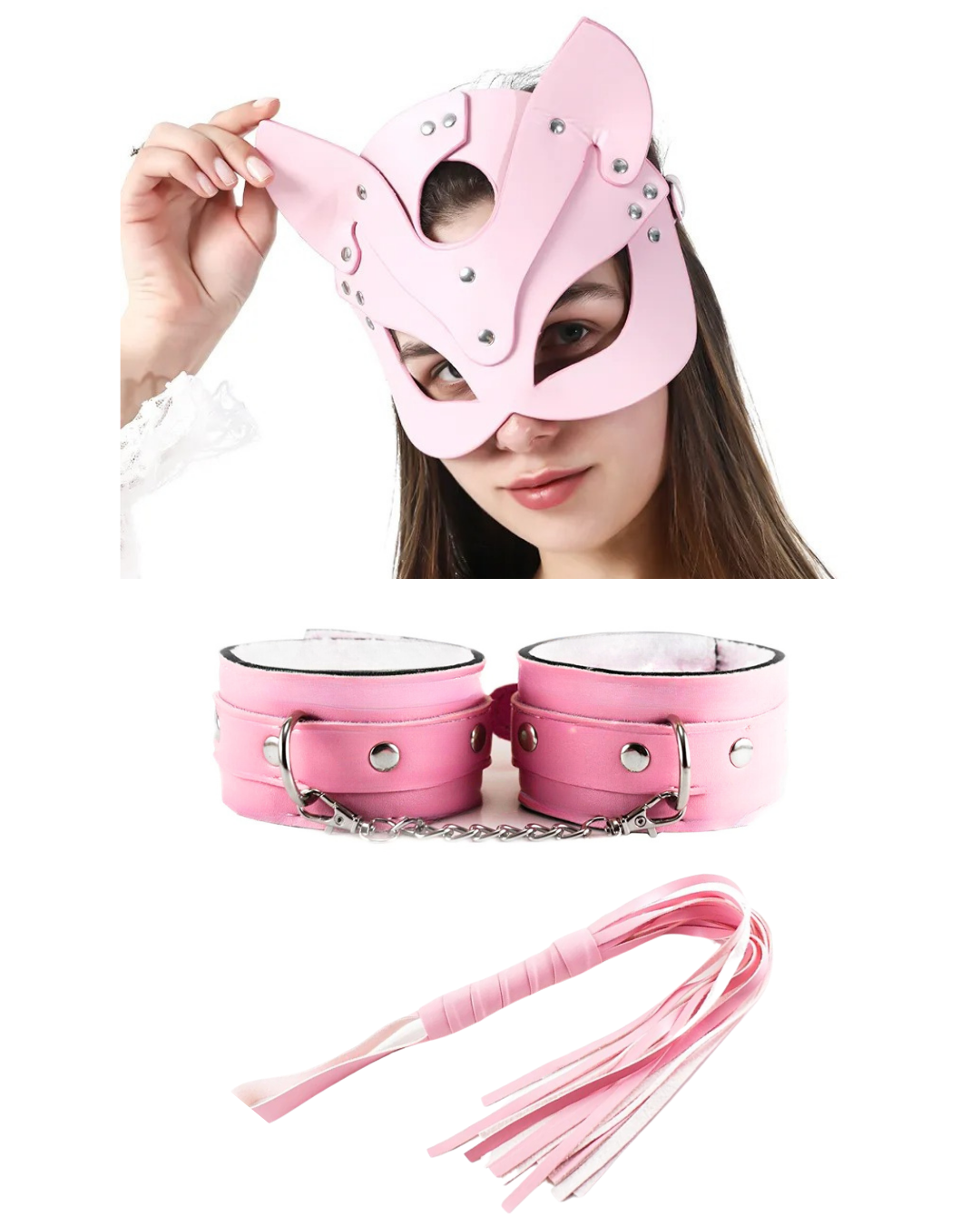 Tegan Fantezi Deri Seksi Pembe Kedi Maske Kelepçe Kırbaç Seti ( 3'lü set) TG275368
