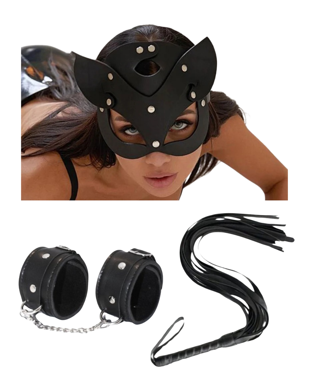 Tegan Fantezi Deri Seksi Siyah Kedi Maske Kelepçe Kırbaç Seti ( 3'lü set) TG275369