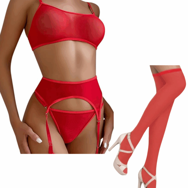 Tegan Fantezi Kırmızı Transparan Tül Jartiyer Takımı TG273264