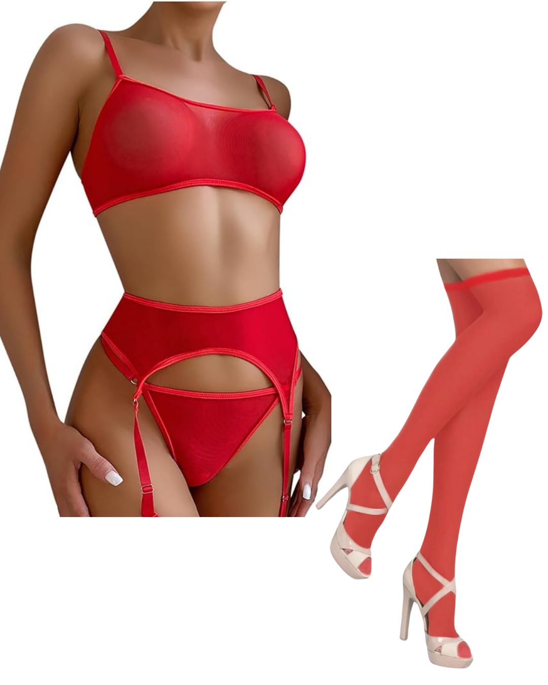 Tegan Fantezi Kırmızı Transparan Tül Jartiyer Takımı TG273264