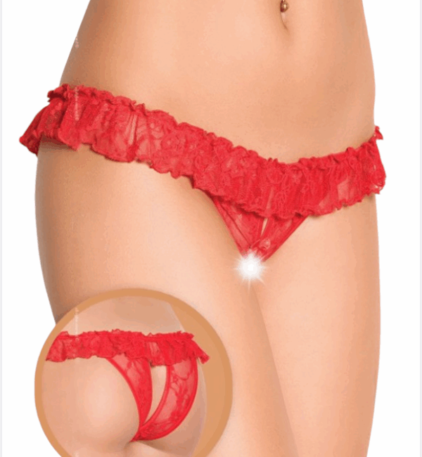 Tegan Fantezi Üstü Fırfırlı Ağı Açık Kırmızı Dantel Tanga - String TG270020