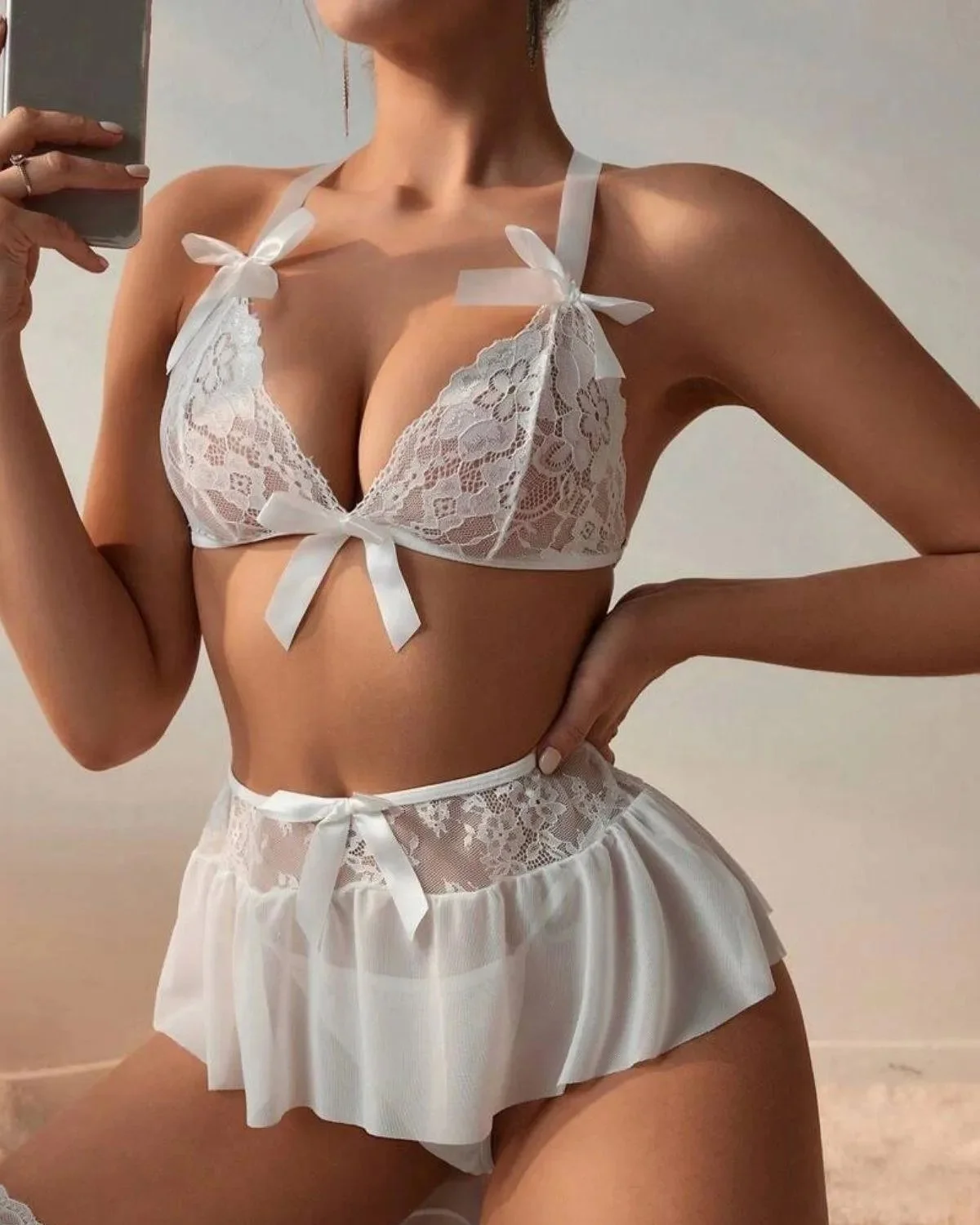 Fantazi Beyaz Dantelli Fiyonklu Seksi Babydol TG279239 - Tegan