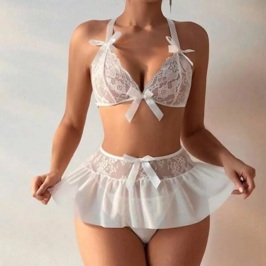 Fantazi Beyaz Dantelli Fiyonklu Seksi Babydol TG279239 - Tegan