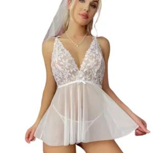 Fantezi Beyaz Dantelli Transparan Tül Etekli Seksi Elbise Gecelik TG273266 - Tegan