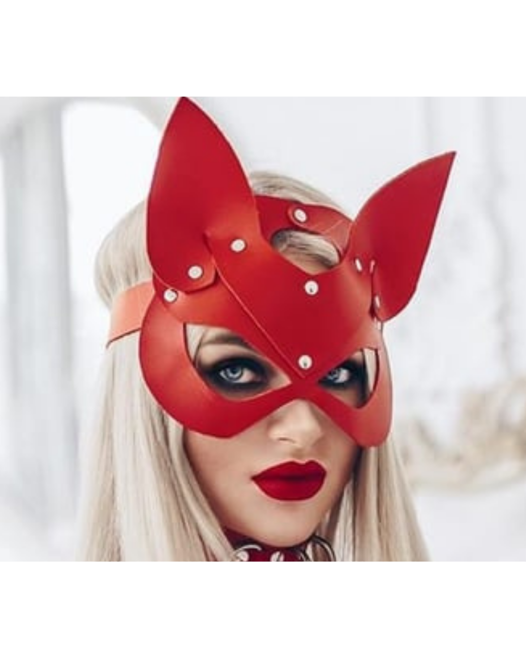 Fantezi Deri Seksi Kırmızı Kedi Maske Kelepçe Kırbaç Seti ( 3'lü set) TG275367 - Tegan