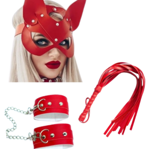 Fantezi Deri Seksi Kırmızı Kedi Maske Kelepçe Kırbaç Seti ( 3'lü set) TG275367 - Tegan