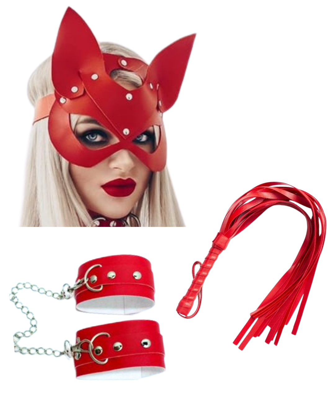 Fantezi Deri Seksi Kırmızı Kedi Maske Kelepçe Kırbaç Seti ( 3'lü set) TG275367 - Tegan