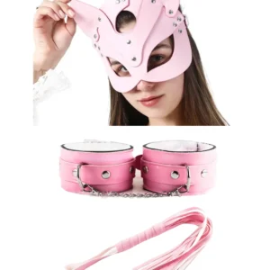 Fantezi Deri Seksi Pembe Kedi Maske Kelepçe Kırbaç Seti ( 3'lü set) TG275368 - Tegan