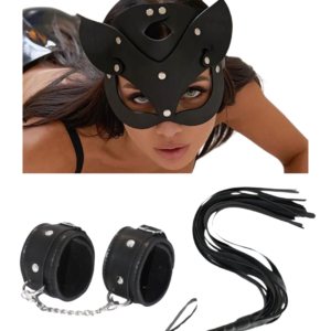 Fantezi Deri Seksi Siyah Kedi Maske Kelepçe Kırbaç Seti ( 3'lü set) TG275369 - Tegan