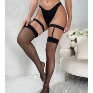 Fantezi Kadın Siyah Dantel Bacak Bantlı String Jartiyer Çorap Takımı TG270046 - Tegan
