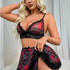 Fantezi Seksi Dantelli Ekose Sütyen Mini Etek Takım TG2710128 - Tegan