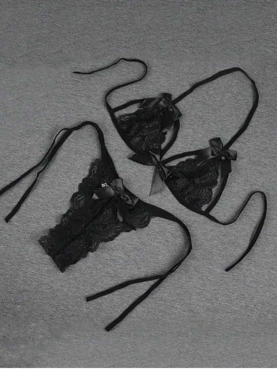 Fantezi Seksi Siyah Fiyonk Süslemeli Dantelli Sütyen String Takımı TG279707 - Tegan