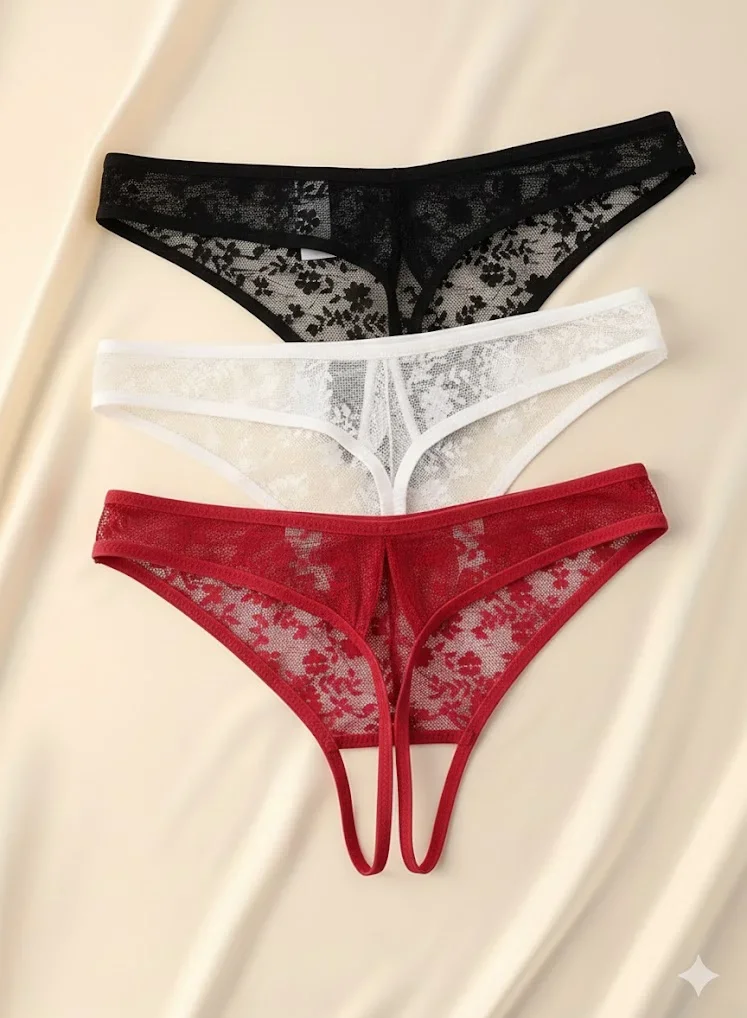 Kadın 3'lü Seksi Ağ Bölgesi Açık Dantelli Tanga Seti TG270055 - Tegan