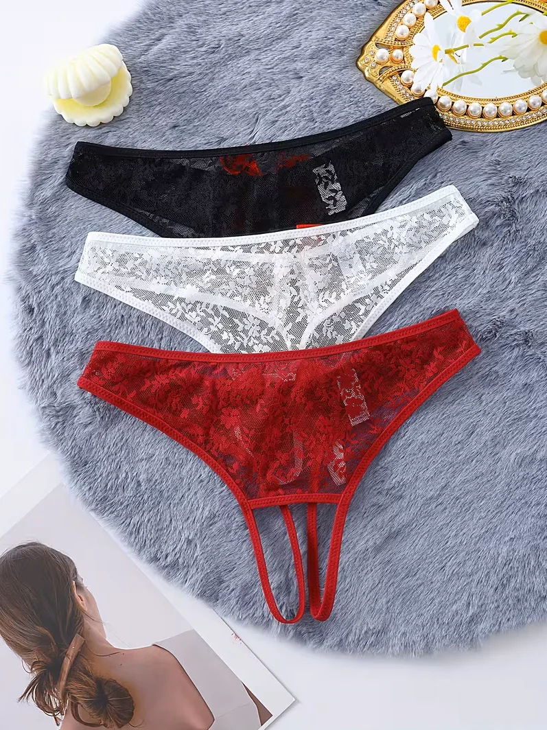Kadın 3'lü Seksi Ağ Bölgesi Açık Dantelli Tanga Seti TG270055 - Tegan