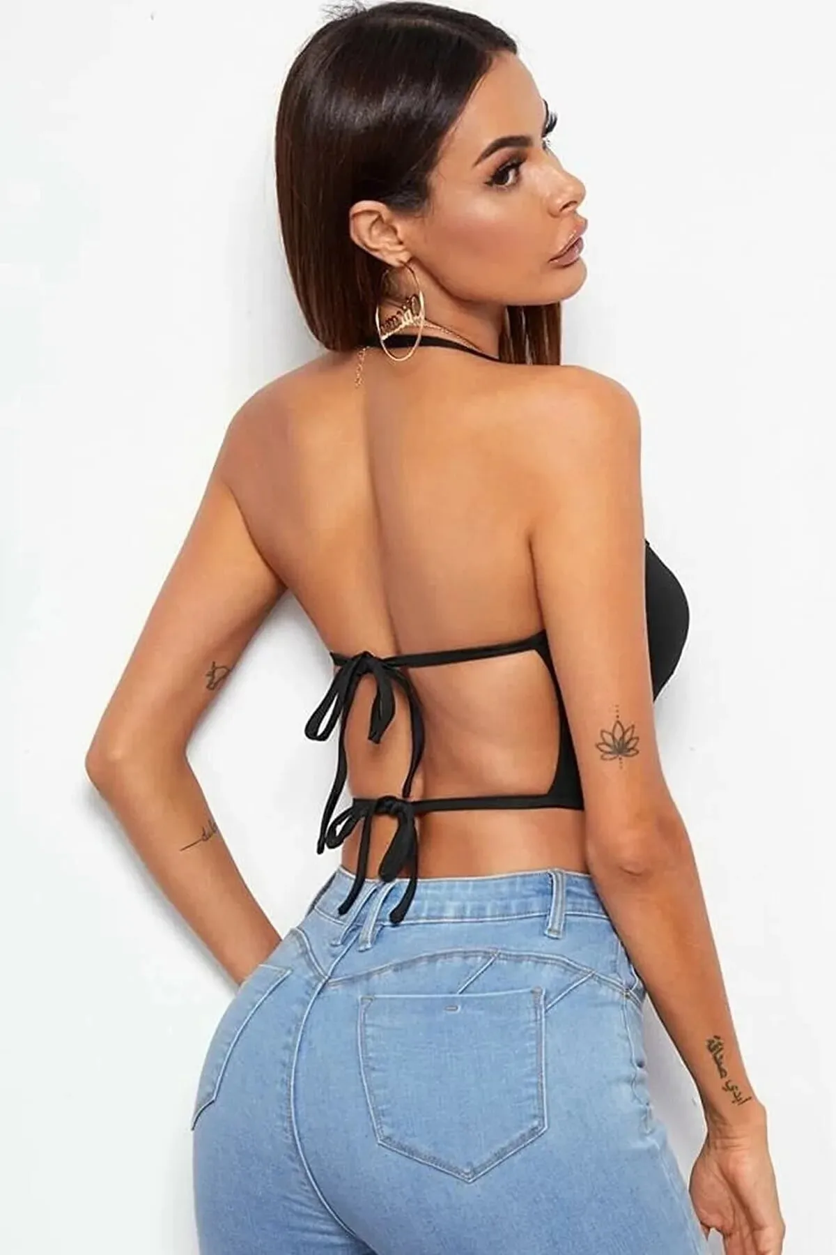 Kadın Sırtı Açık Siyah Belden Bağlamalı Crop Büstiyer TG275441 - Tegan
