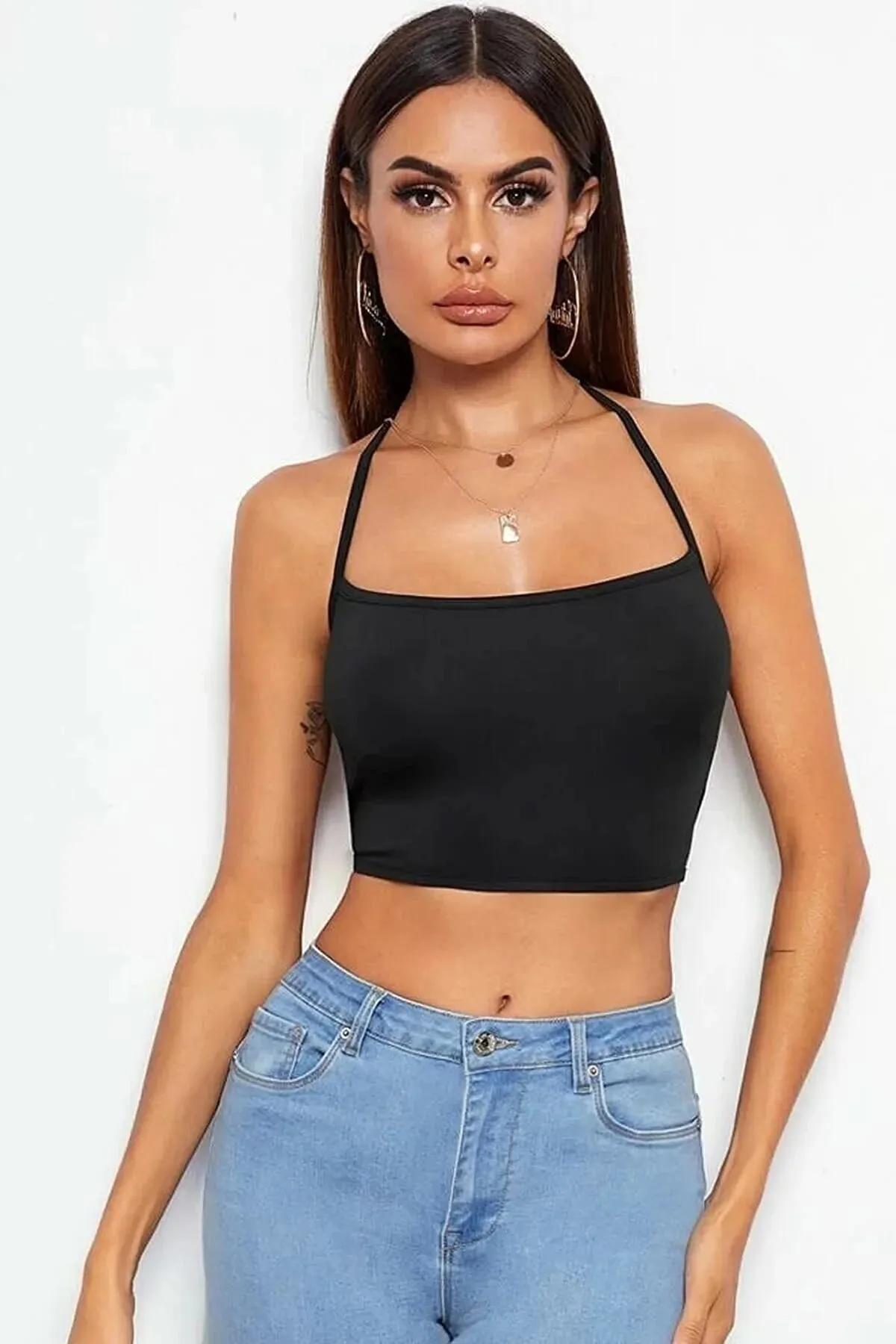 Kadın Sırtı Açık Siyah Belden Bağlamalı Crop Büstiyer TG275441 - Tegan