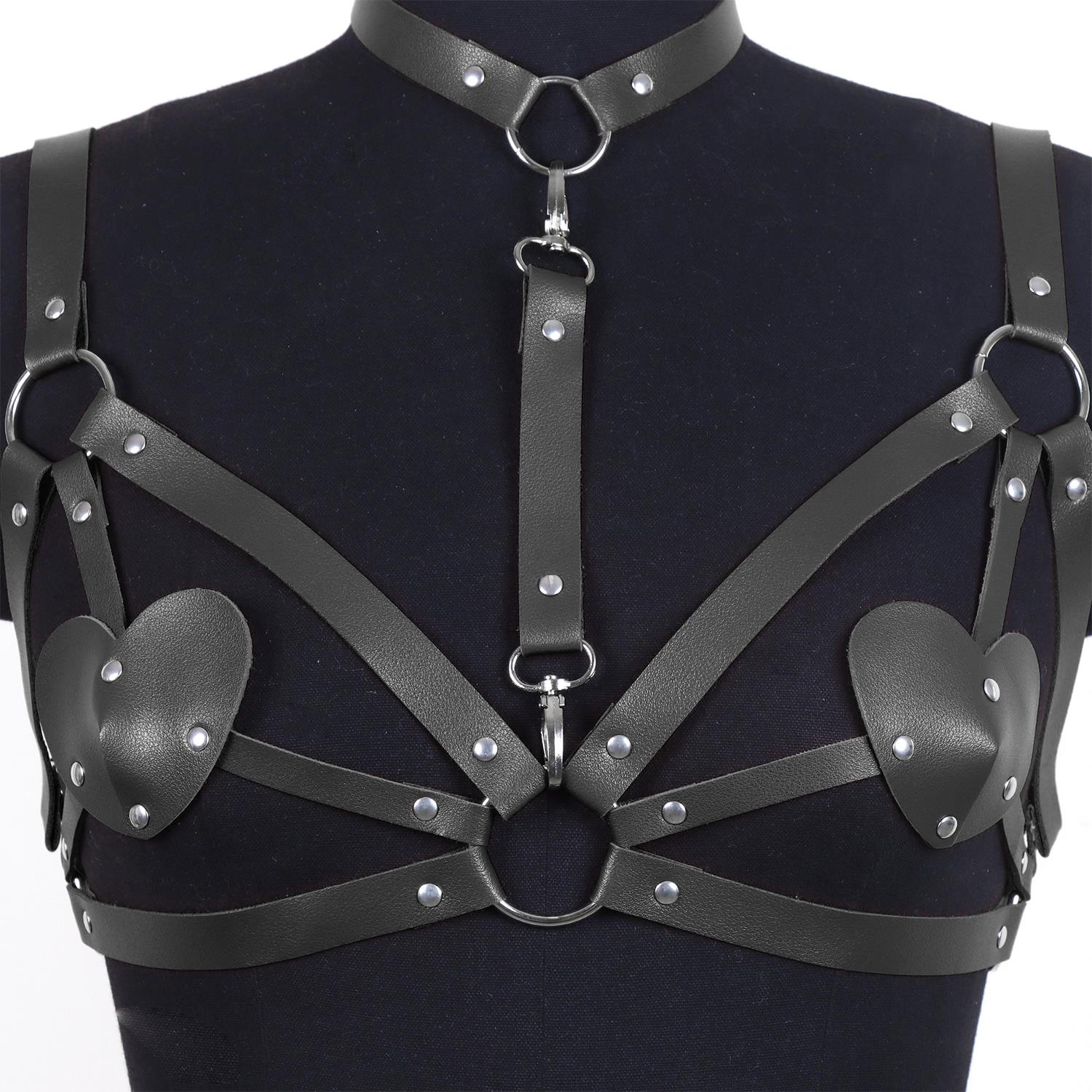 Kalp Detaylı Deri Vücut Harness Takımı Siyah - Görsel 4